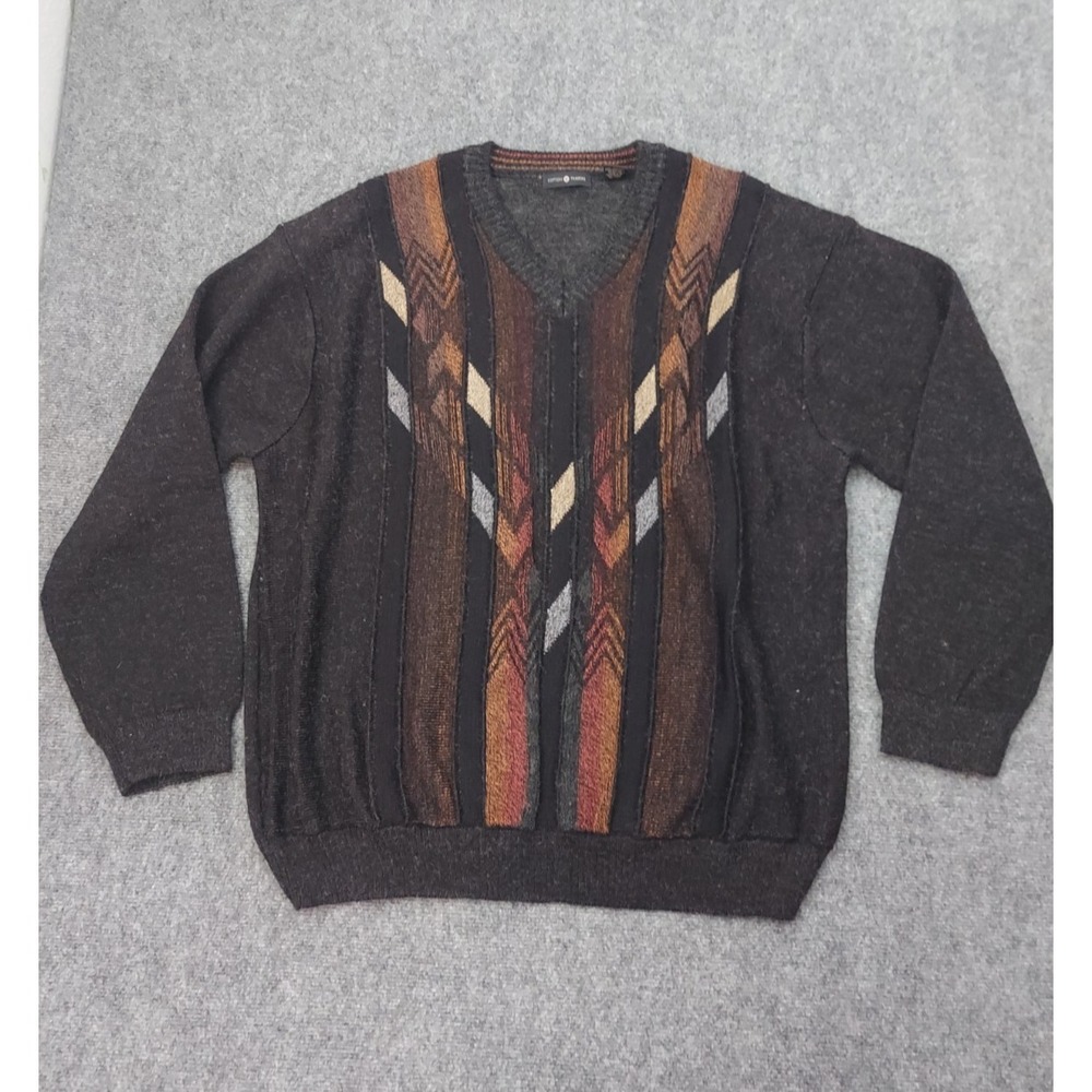 Vtg Cotton Traders Sweater Men 3X Gray Aztec Colorful Textured V Neck Wool Blend